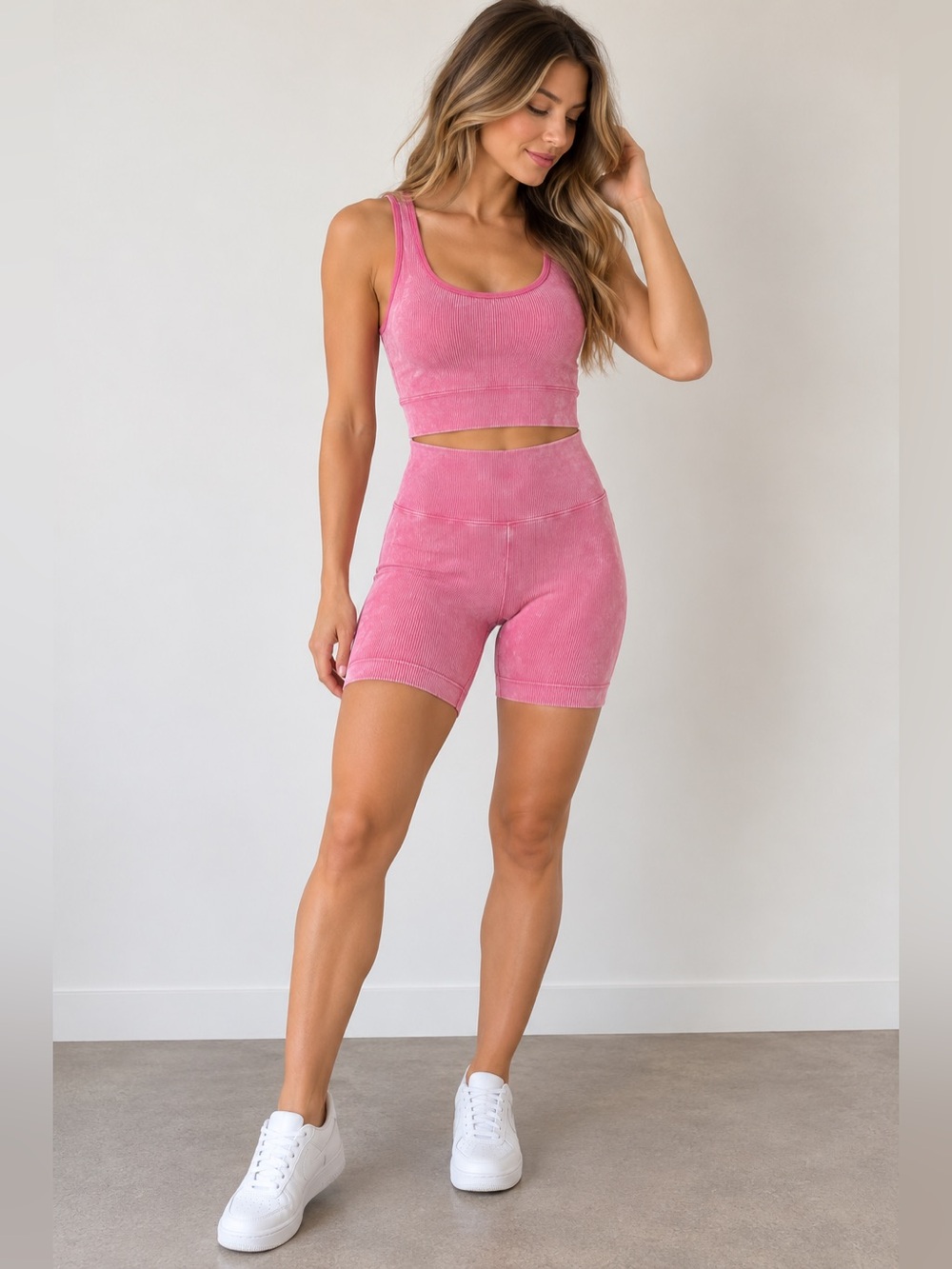 NOBO Pink Ribbed Tank and Biker Shorts Set